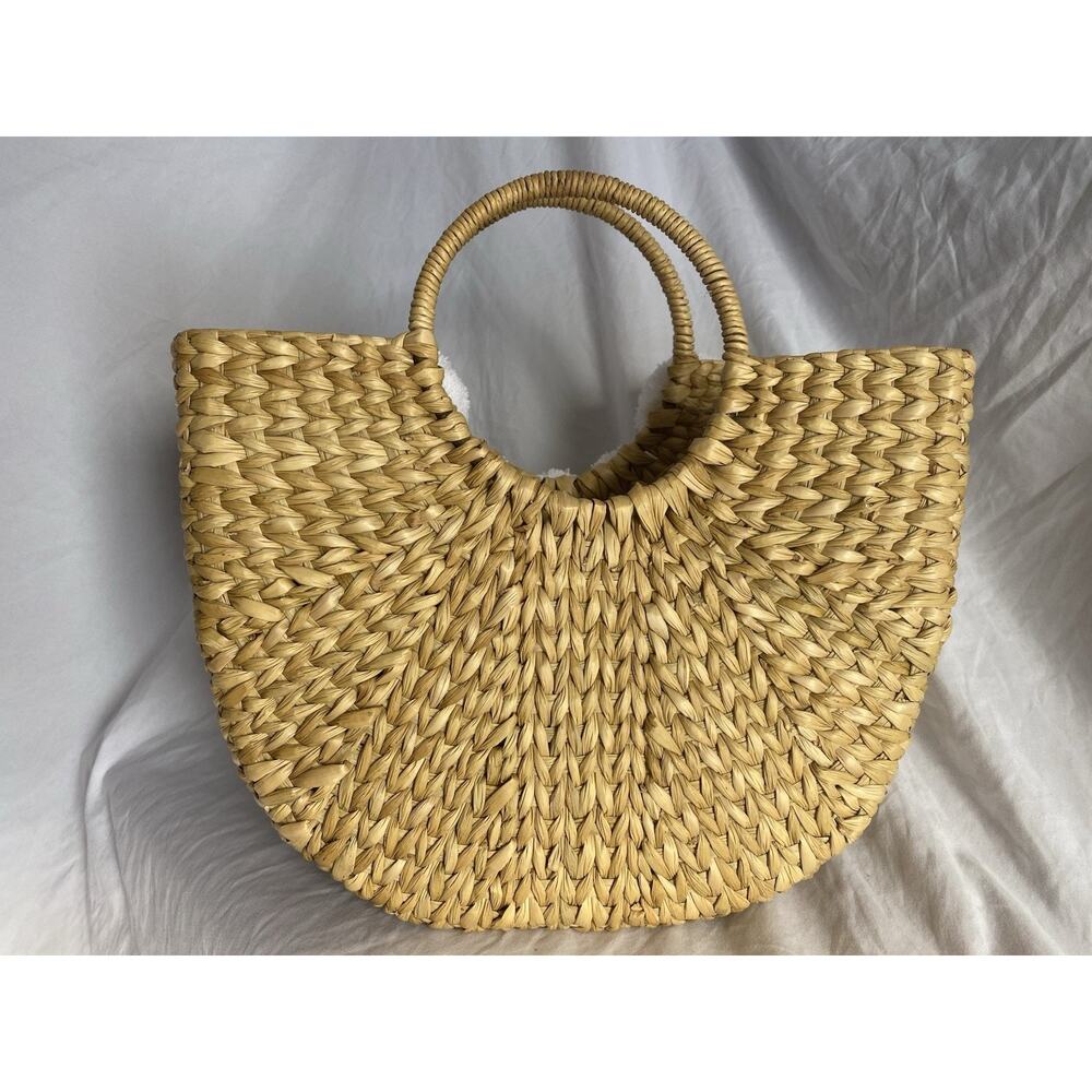 Woven Straw Bride Tote Bag with Pom Pom Embroidery Wedding Large Semi-Circle - Picture 3 of 5